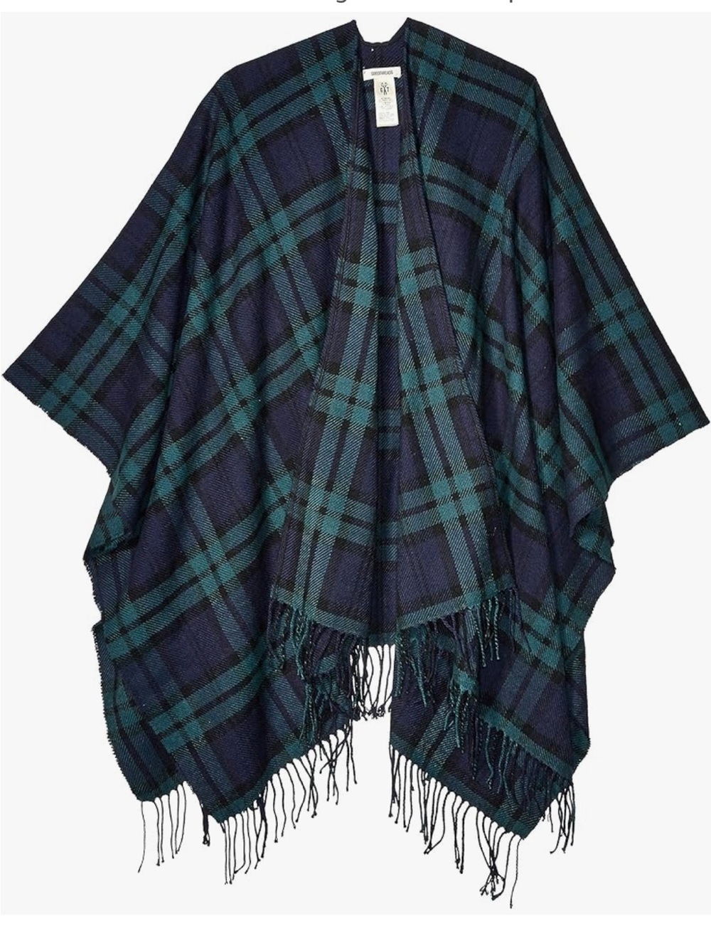 Goodthreads Navy and Teal Plaid Fringe Poncho
